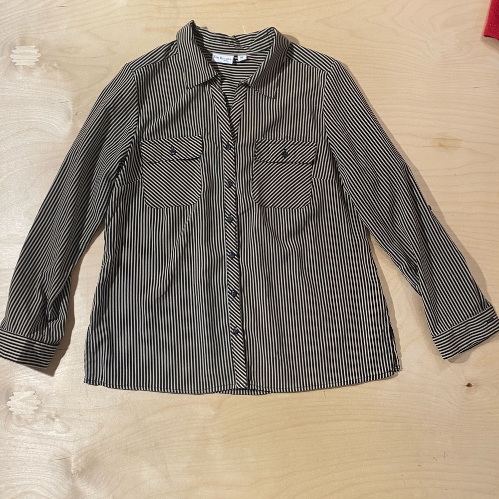 Kim Rogers Black and White Striped Button-Down Shirt PL (QQ)